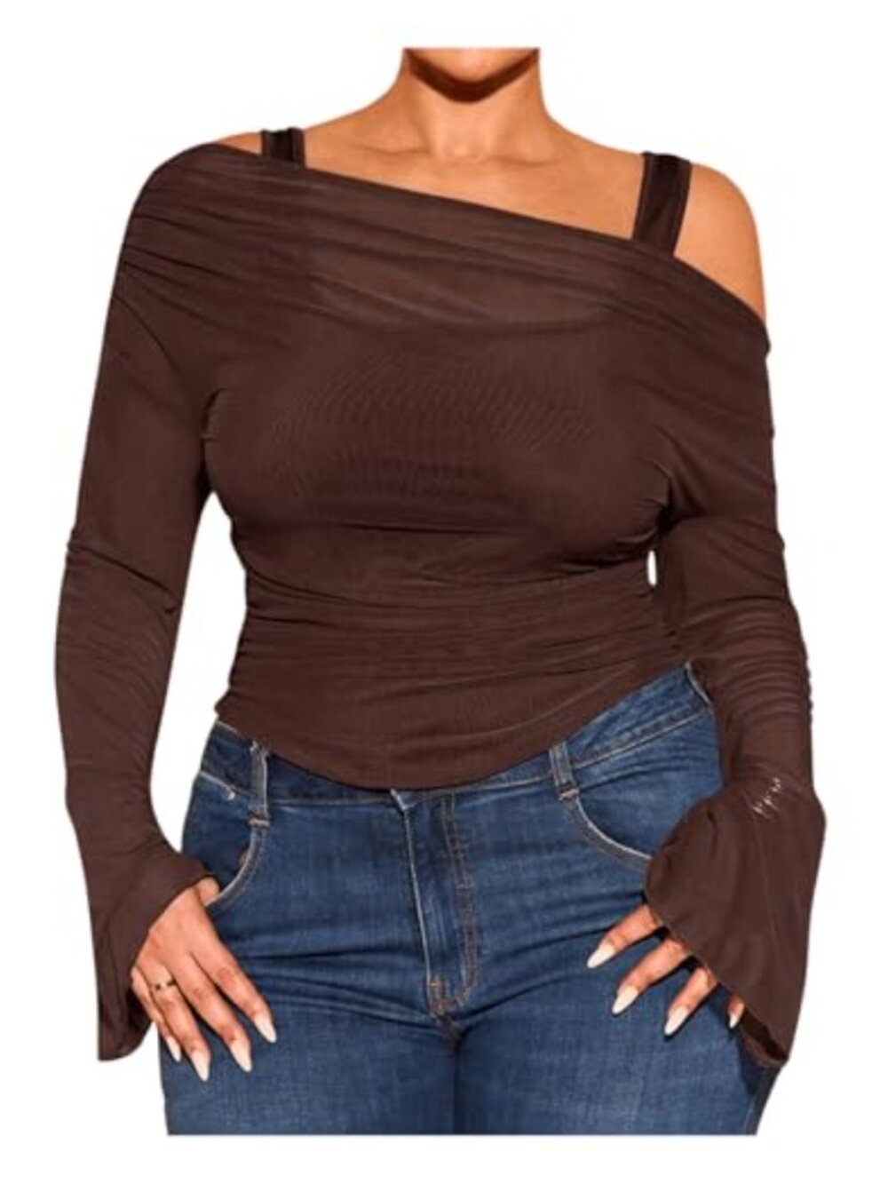 Plus Size Off Shoulder Sheer Bell Long Sleeve Tee Knitted Fitted Top